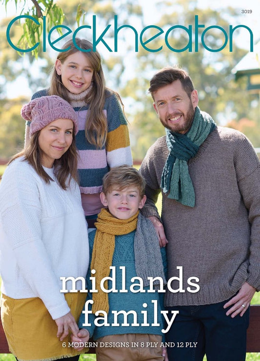 Family in cozy knitwear outdoors, smiling warmly. Adults in textured scarves, kids in colorful sweaters. Background of trees, sunny day. Text: "Cleckheaton Midlands Family."