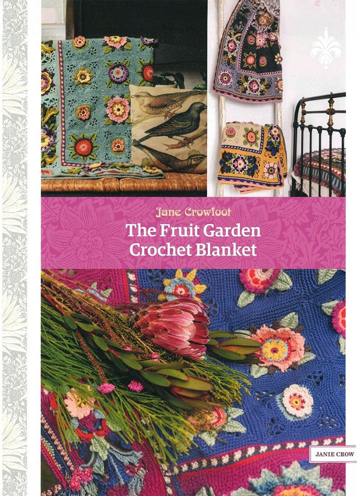 Cover of Fruit Garden Crochet Blanket book showing a colorful crocheted blanket with floral motifs inspired by nature, featuring a mix of textured stitches and vibrant colours.