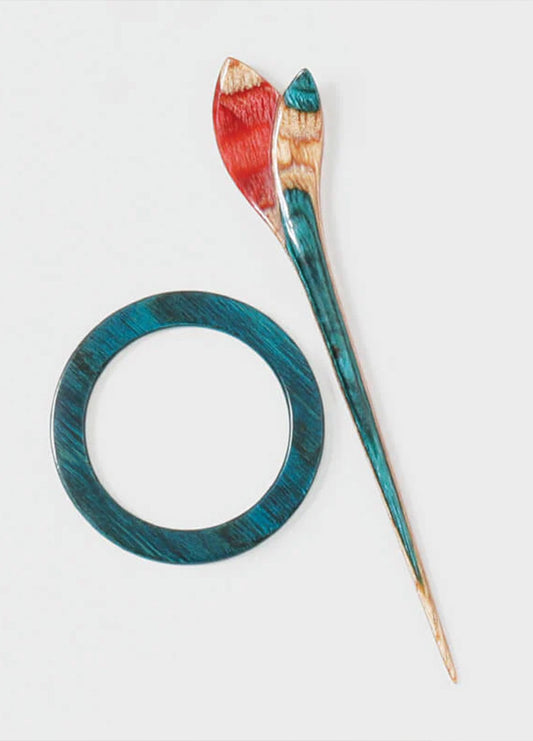 A pair of colorful wooden shawl sticks and a ring, ideal for knitters and as elegant hair ornaments.