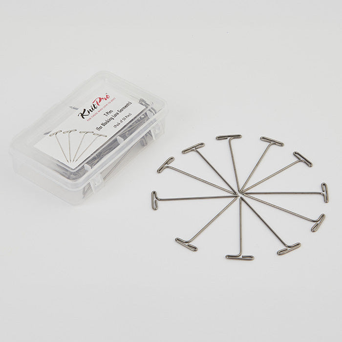 A set of 50 stainless steel T-pins in a clear box, designed for blocking projects and creating elegant lace edges.