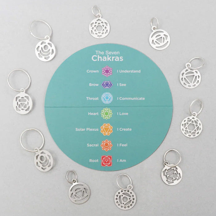 A circle featuring seven chakra symbols, crafted in sterling silver plating with a satin finish, symbolizing mindfulness.