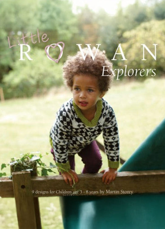 Front cover of 'Little Rowan Explorers' featuring child in knit sweater outdoors. 9 designs by Martin Storey.