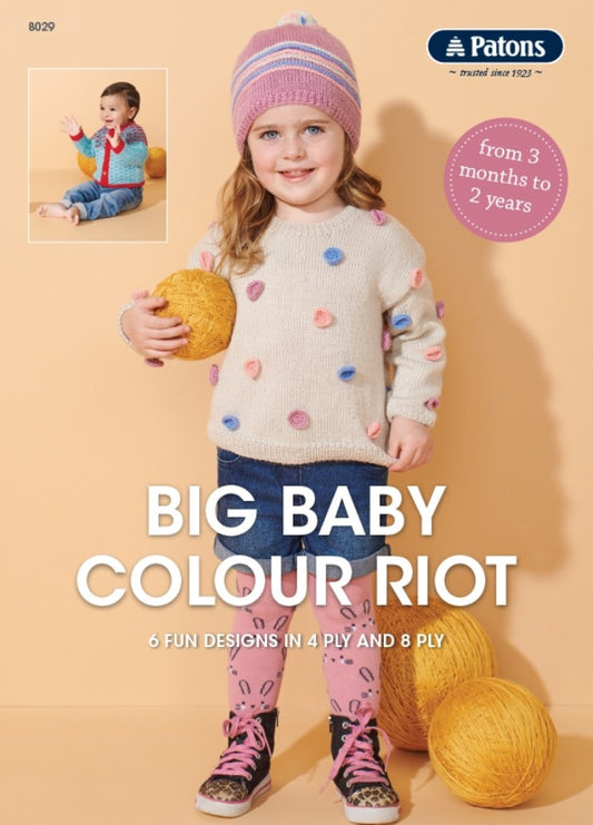 Young girl in a colorful knit outfit stands holding a yellow yarn ball. Another child in a sweater is in a small inset. Cheerful and playful theme.