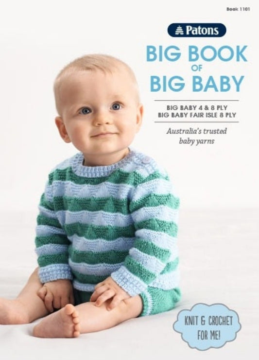 A baby wearing a blue and green striped sweater, sitting on a white background. The text reads "Patons Big Book of Big Baby." The mood is soft and cheerful.