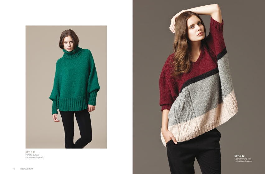 Two models showcase knitwear in a fashion spread. Left: A model in a green turtleneck sweater and black pants. Right: A model in a color-blocked poncho top with burgundy, gray, and beige tones, also with black pants. Both are styled with minimal makeup and loose hair on a neutral background.