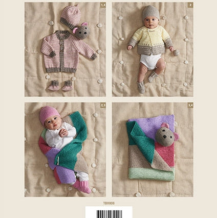 Cover of Patons 'Little Babies' knitting book featuring four squares. Top left: pink knit baby outfit with bear hat. Top right: baby wearing a yellow knit sweater and gray hat. Bottom left: baby wrapped in a colorful knit blanket with purple hat. Bottom right: another colorful knit blanket with a bear motif. The tone is cozy and playful.