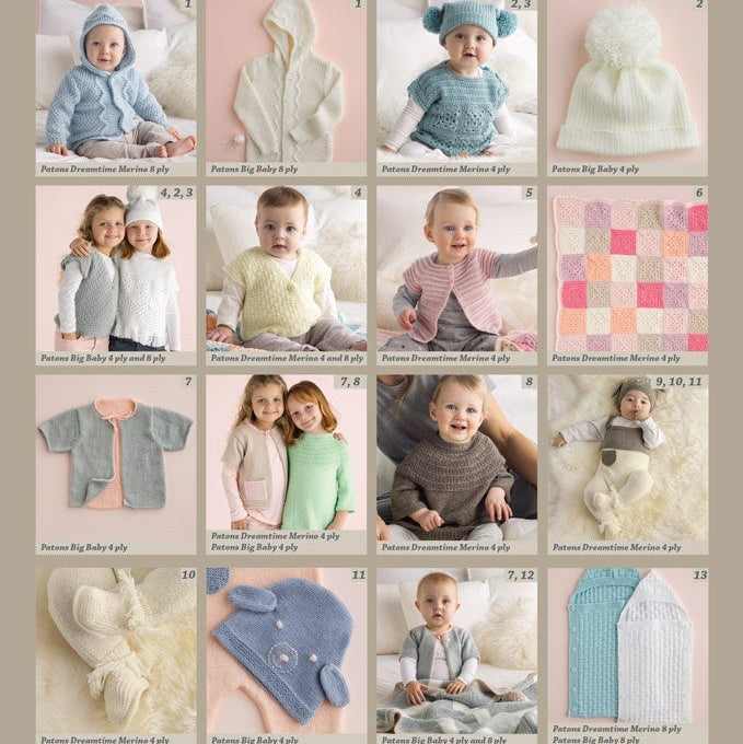 A catalog cover titled "Peaceful: 13 Designs for Babies and Little Kids" by Patons. Features various knitted outfits and accessories for children, such as cardigans, hats, and blankets, displayed in a grid. Models include babies and young children, conveying a cozy, gentle tone. Soft, pastel colors dominate, adding to the serene feel.