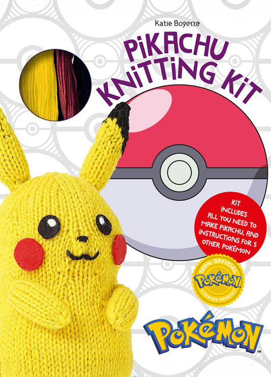 Cover of “Pokémon Pikachu Knitting Kit” by Katie Boyette, showing a knitted Pikachu toy in front of a Poké Ball with yarn inset and Pokémon logo.