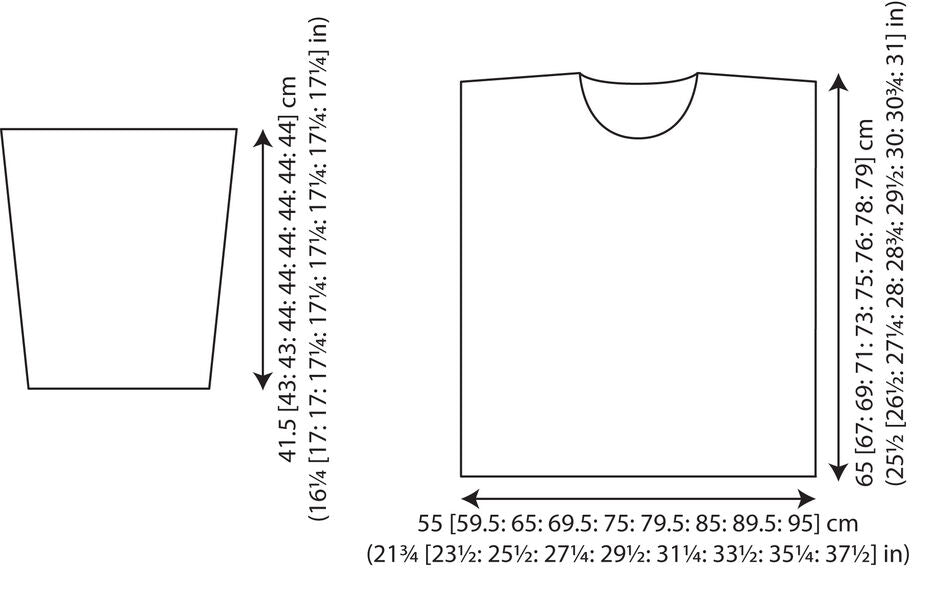 Diagram showing dimensions for sleeve and body pieces of a garment pattern. Measurements in centimeters and inches are provided alongside.