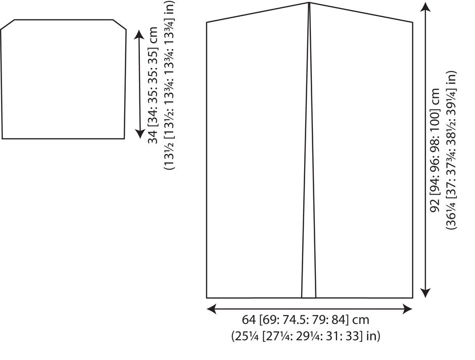 Line drawing of a garment pattern with two pieces. The left smaller piece is a rectangular shape, while the right larger piece is a flared trapezoid. Dimensions in centimeters and inches are provided alongside each shape.