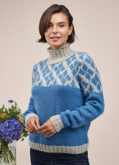 Blue and grey wool sweater featuring a geometric design, showcasing a modern and stylish pattern.