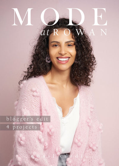 A woman smiles warmly, wearing a soft pink knitted cardigan over a white top. The background is pale pink. Text: "MODE at ROWAN," "blogger’s edit," "4 projects," "quail studio."