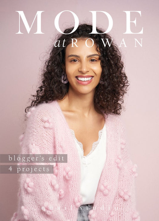 A woman smiles warmly, wearing a soft pink knitted cardigan over a white top. The background is pale pink. Text: "MODE at ROWAN," "blogger’s edit," "4 projects," "quail studio."