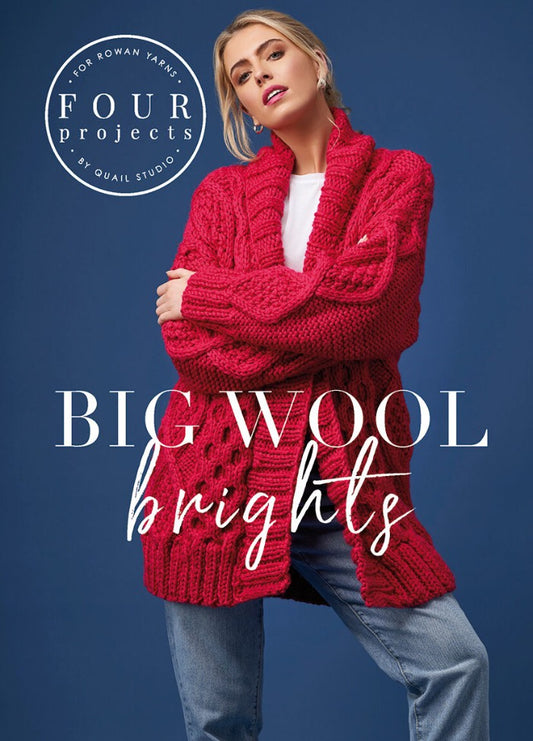 Portrait of a person in a chunky, bright red knit cardigan on a blue background. They exude confidence; text reads "BIG WOOL brights."