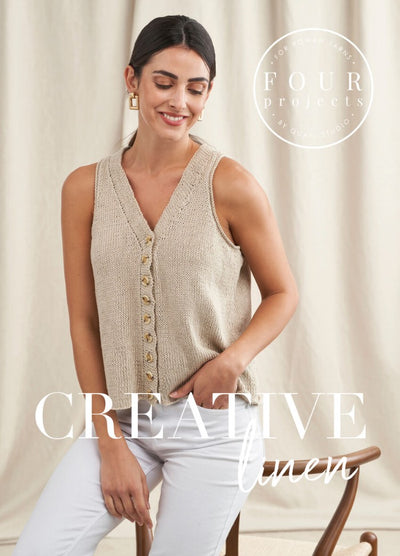 Woman in a beige knitted vest with buttons, seated on a wooden chair against a beige curtain backdrop. Text overlay: "Creative Linen." Calm and stylish tone.