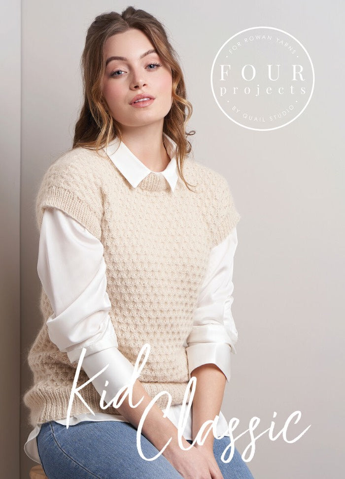 Young woman in cream textured sweater and white blouse, seated against light background. Text reads "Four Projects" and "Kid Classic," conveying elegance.