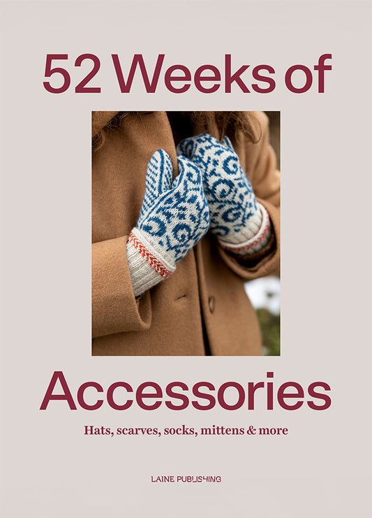 52 Weeks of Accessories: person wearing blue and white patterned mittens and a brown coat, featured on the book cover.