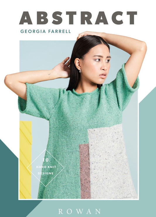 Woman in a green textured knit top poses confidently against a geometric pastel background. The design is titled "Abstract" by Georgia Farrell for Rowan.