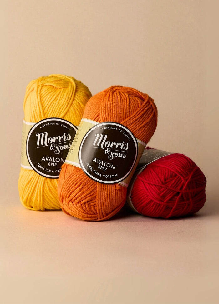 Three pima cotton yarn balls from "Morris & Son's," soft and strong, suitable for various spring and summer crafts.