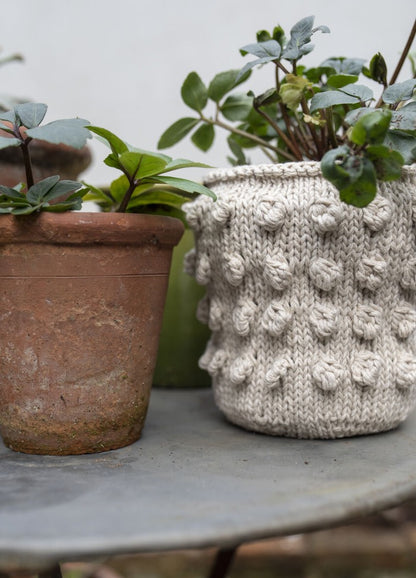 Two potted plants on a table; one in a rustic terracotta pot and the other in an ivory knitted pot cover. The tone is cozy and natural.