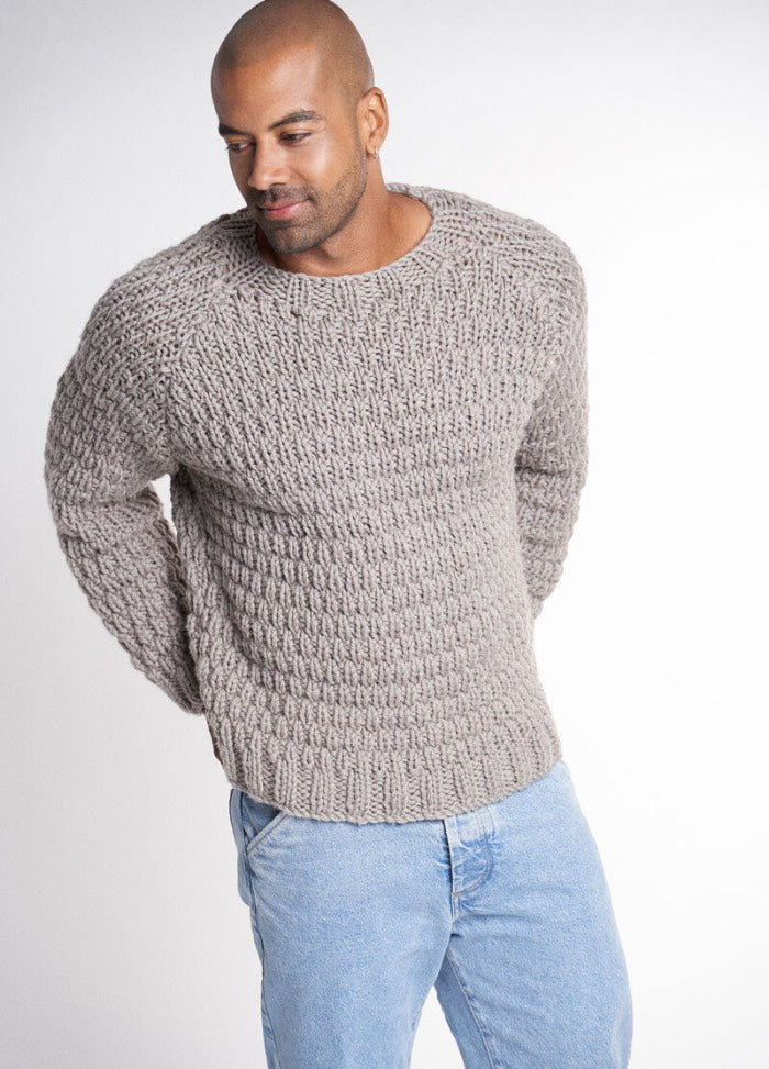 Buzz sweater pattern from Easy Style, a relaxed-fit pullover with bold horizontal stripes and soft texture using Rowan Big Wool.