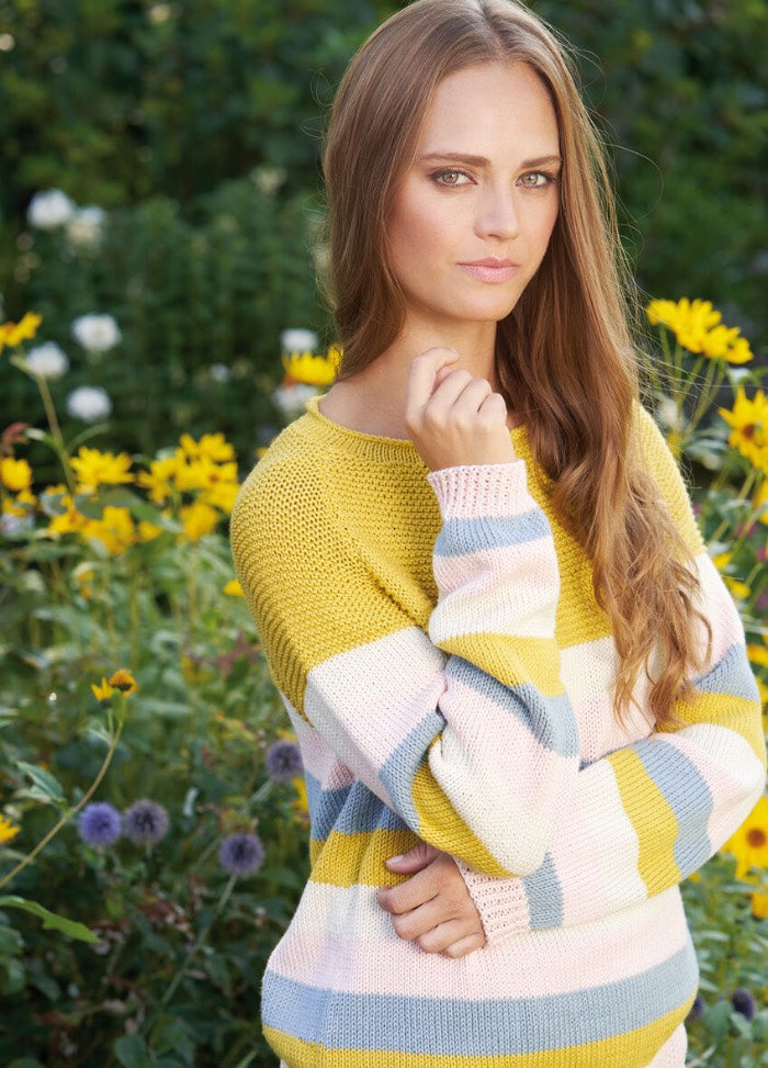 Camilla striped knit top pattern, part of the Tea Garden collection, featuring bold horizontal stripes and a casual silhouette.