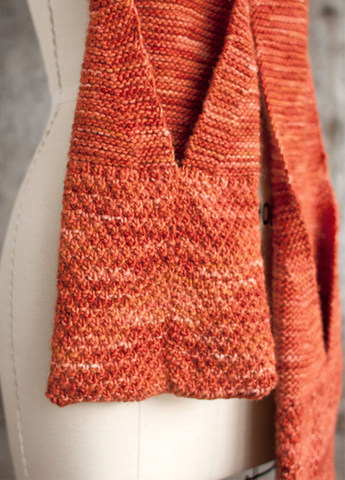 Camote Pocket Scarf on mannequin, close-up of orange knit texture with visible pocket detail.