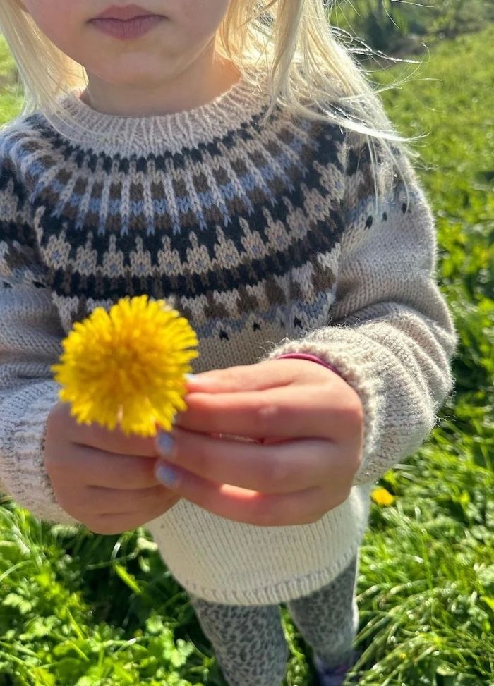 Young child in a patterned sweater holds a bright yellow dandelion in a grassy field. Sunlight highlights the child's blonde hair and adds warmth.