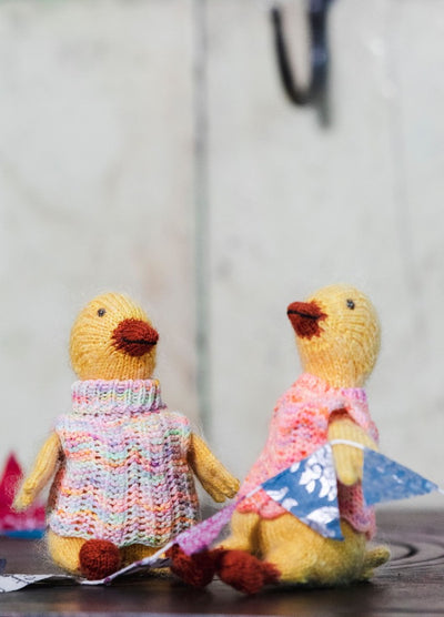 Dodo & Mimosa the Ducklings: two knitted ducklings in colorful outfits, one holding a patterned flag.