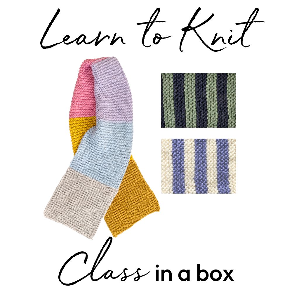 A learn-to-knit kit in a box, containing yarn, needles, and step-by-step guides for those new to knitting.