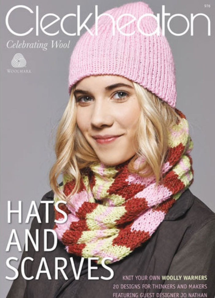 Woman in a pink beanie and colorful knit scarf smiles on the cover of Cleckheaton magazine, titled "Hats and Scarves." Cozy, warm tones dominate.