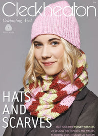 Woman in a pink beanie and colorful knit scarf smiles on the cover of Cleckheaton magazine, titled "Hats and Scarves." Cozy, warm tones dominate.