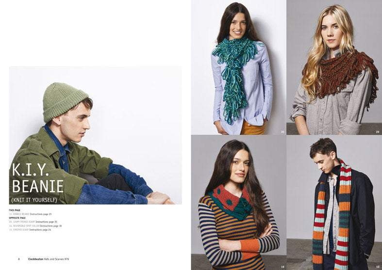 Collage of models showcasing knit accessories. Left: man in green beanie. Right: women with colorful scarves; man with striped scarf. Calm, stylish vibe.