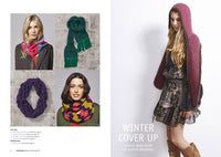 Collage of colorful winter scarves: pink, purple, striped quilted around models; green scarf displayed flat. Right: model in a hooded burgundy wrap. Mood: cozy.