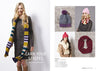 A woman in a tan dress and brown boots smiles, wearing a colorful striped scarf. Adjacent are images of knitted hats, scarves, and text: "EARN YOUR STRIPES."