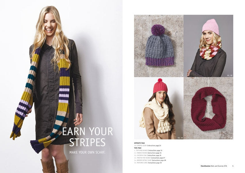 A woman in a tan dress and brown boots smiles, wearing a colorful striped scarf. Adjacent are images of knitted hats, scarves, and text: "EARN YOUR STRIPES."