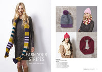 A woman in a tan dress and brown boots smiles, wearing a colorful striped scarf. Adjacent are images of knitted hats, scarves, and text: "EARN YOUR STRIPES."