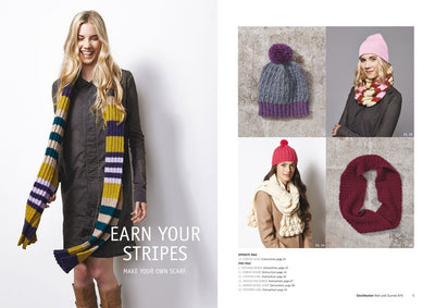 A woman in a tan dress and brown boots smiles, wearing a colorful striped scarf. Adjacent are images of knitted hats, scarves, and text: "EARN YOUR STRIPES."