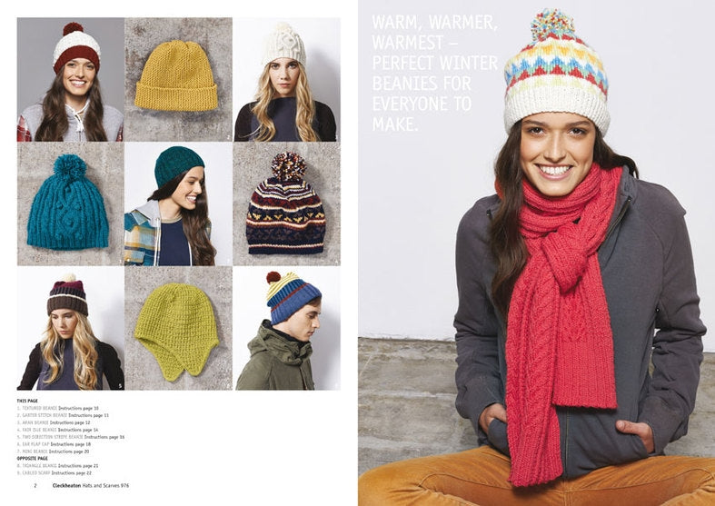 Collage of diverse winter beanies on the left; smiling woman in colorful knit hat and red scarf on the right. Text reads: "Warm, Warmer, Warmest." Cozy tone.