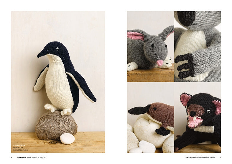 Knitted animals are displayed, including a penguin on a ball of yarn, a gray koala, a mouse, and a pink-nosed creature. Cozy and playful tone.