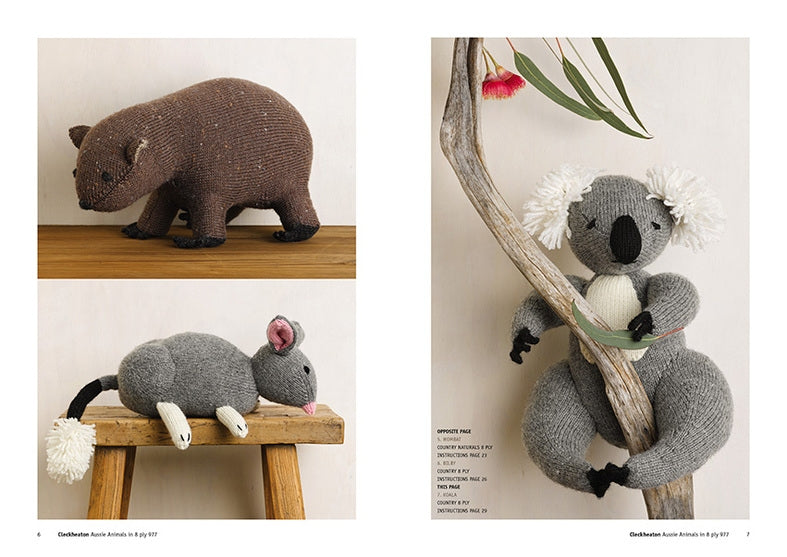 Three knitted stuffed animals: a brown wombat, a gray mouse with a fluffy tail, and a cuddly koala holding a branch. Playful and cozy tone.