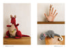 Handcrafted knitted animals on display. Left: a red and beige kangaroo with a yellow chick in its pouch. Right: a hand puppet kangaroo on a finger above a shelf, and a gray possum with a white tail on the shelf edge. Cozy and playful vibe.