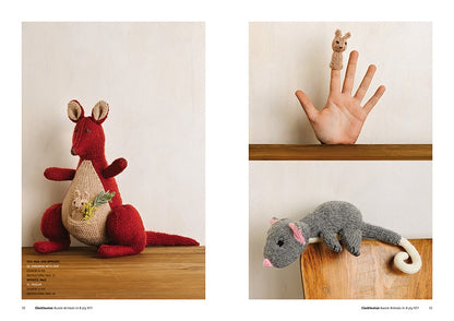 Handcrafted knitted animals on display. Left: a red and beige kangaroo with a yellow chick in its pouch. Right: a hand puppet kangaroo on a finger above a shelf, and a gray possum with a white tail on the shelf edge. Cozy and playful vibe.