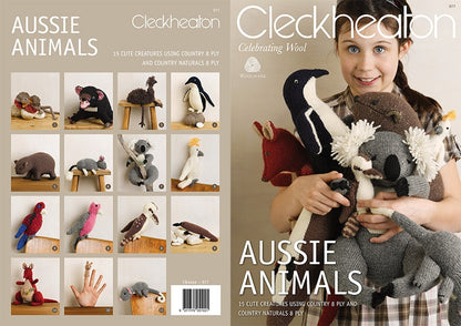 A young girl smiling and hugging plush knitted Australian animals, including a koala and kangaroo. Left side shows smaller images of various knitted animals. Text reads "Aussie Animals, Cleckheaton Celebrating Wool."