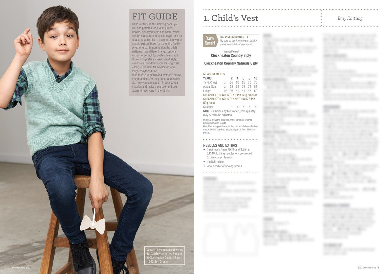 Young boy in a mint green knitted vest sits on a wooden stool in a cozy, relaxed pose. He holds a white paper bow tie. Text and knitting pattern on the right.