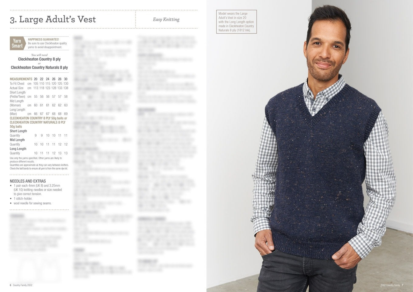 Man wearing a dark blue knitted vest over a checkered shirt smiles confidently. Pattern instructions are partially visible on the left. Calm, casual setting.