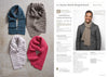 Four garter stitch striped scarves in blue, beige, white, and red are displayed on the left. On the right, a man wears a beige scarf and a quilted jacket, smiling warmly. Text details knitting instructions.