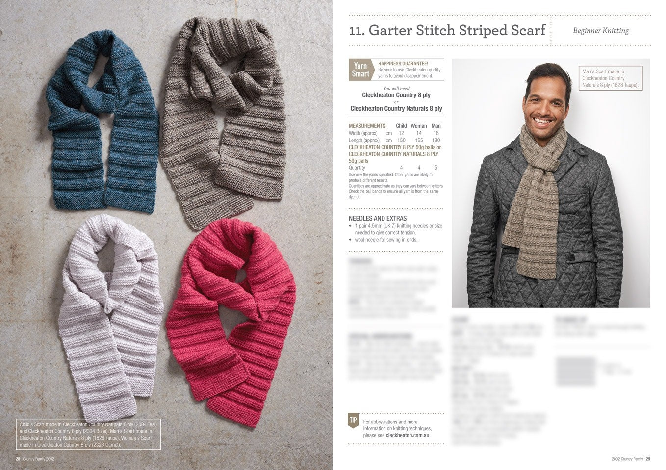 Four garter stitch striped scarves in blue, beige, white, and red are displayed on the left. On the right, a man wears a beige scarf and a quilted jacket, smiling warmly. Text details knitting instructions.