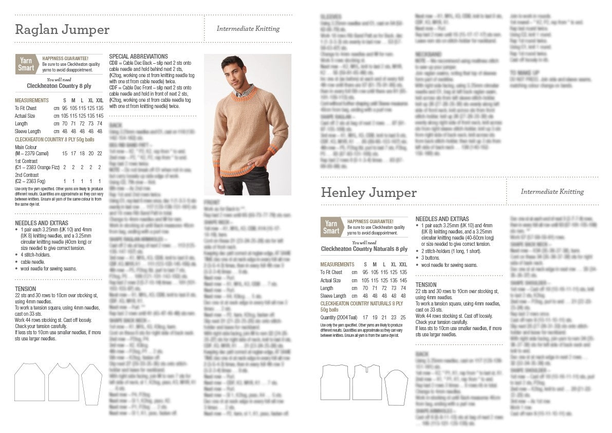 Knitting pattern instructions for Raglan and Henley Jumpers on a textured background. Includes sizing, materials, and stitch details. A man models the Raglan Jumper, wearing a beige sweater over a plaid shirt, posing casually. Diagrams show garment shapes.