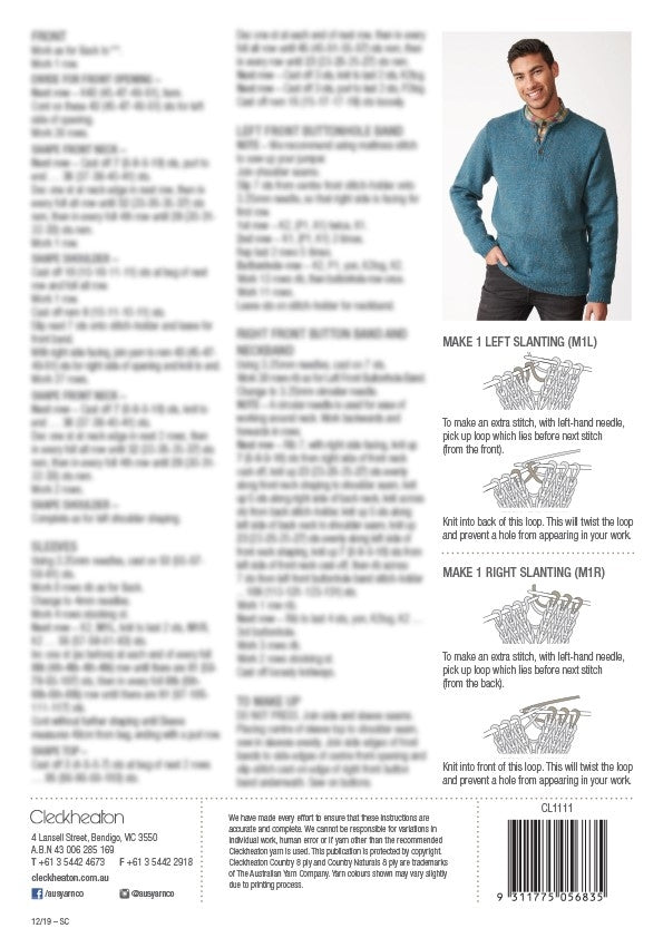 A smiling man models a teal knitted sweater in the top right. Below, knitting instructions and diagrams detail making left and right slanting stitches.